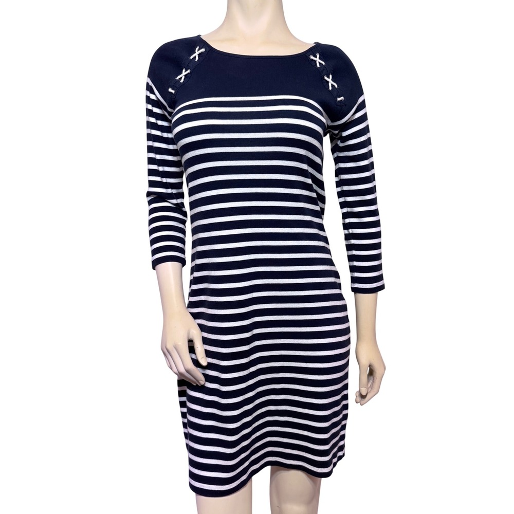 Lauren Ralph Lauren Navy White Striped Lace‎ Up Shoulder Knit Dress Medium